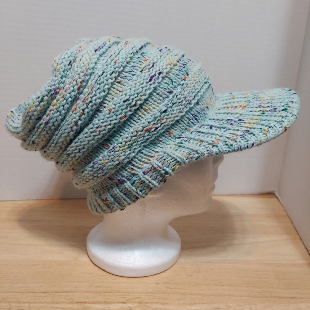 Mint Green Confetti Slouchy Visor Beanie Hat with Ponytail Hole - Like New - Picture 4 of 6
